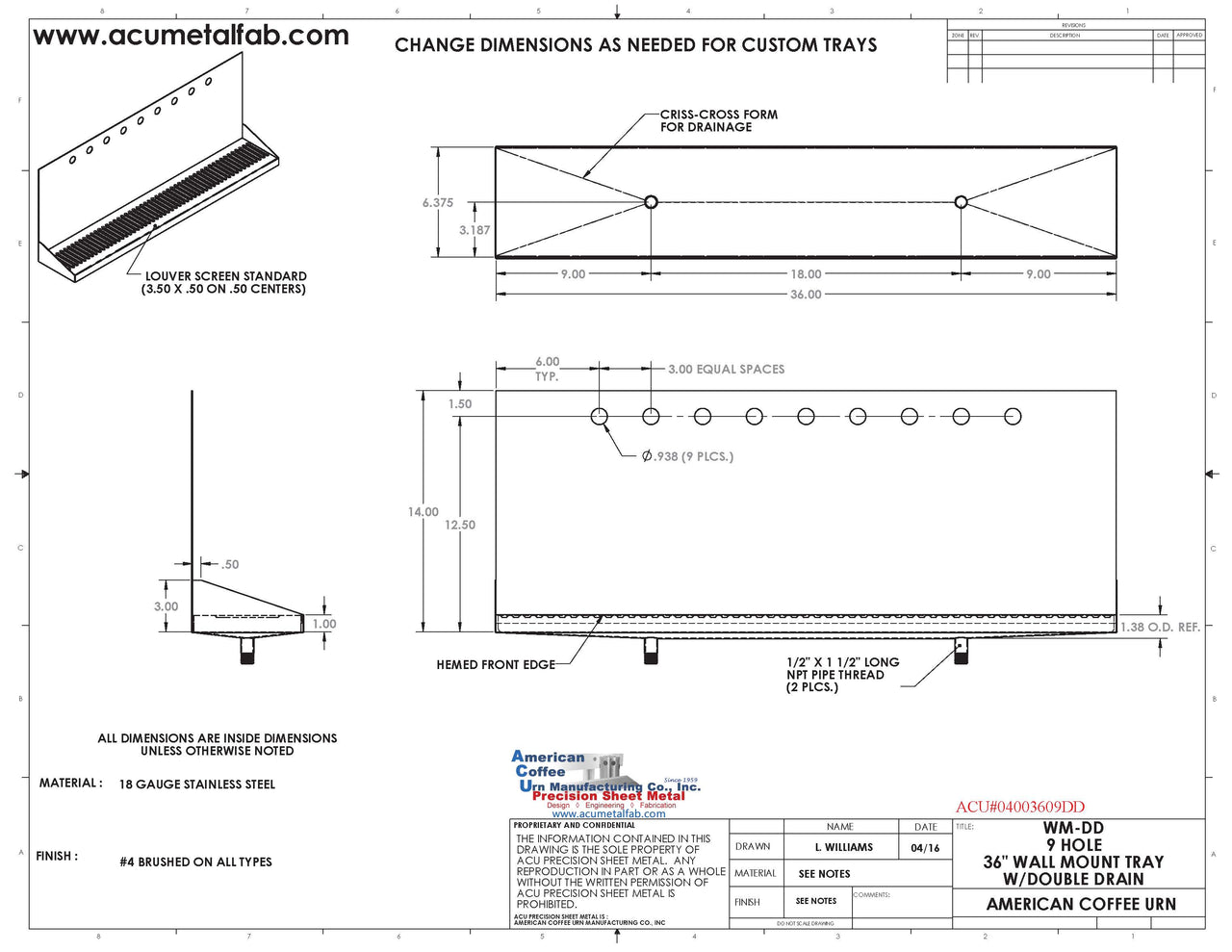 Wall Mount Drip Tray with Double Drains | 6-3/8" X 36" X 14" X 1" | S/S # 4 | 9 Faucet Holes