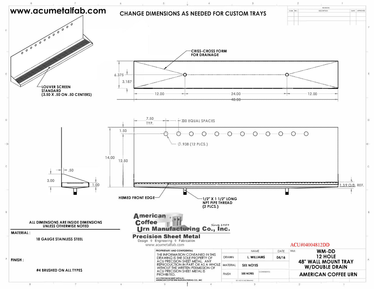 Wall Mount Drip Tray with Double Drains | 6-3/8" X 48" X 14" X 1" | S/S # 4 | 12 Faucet Holes