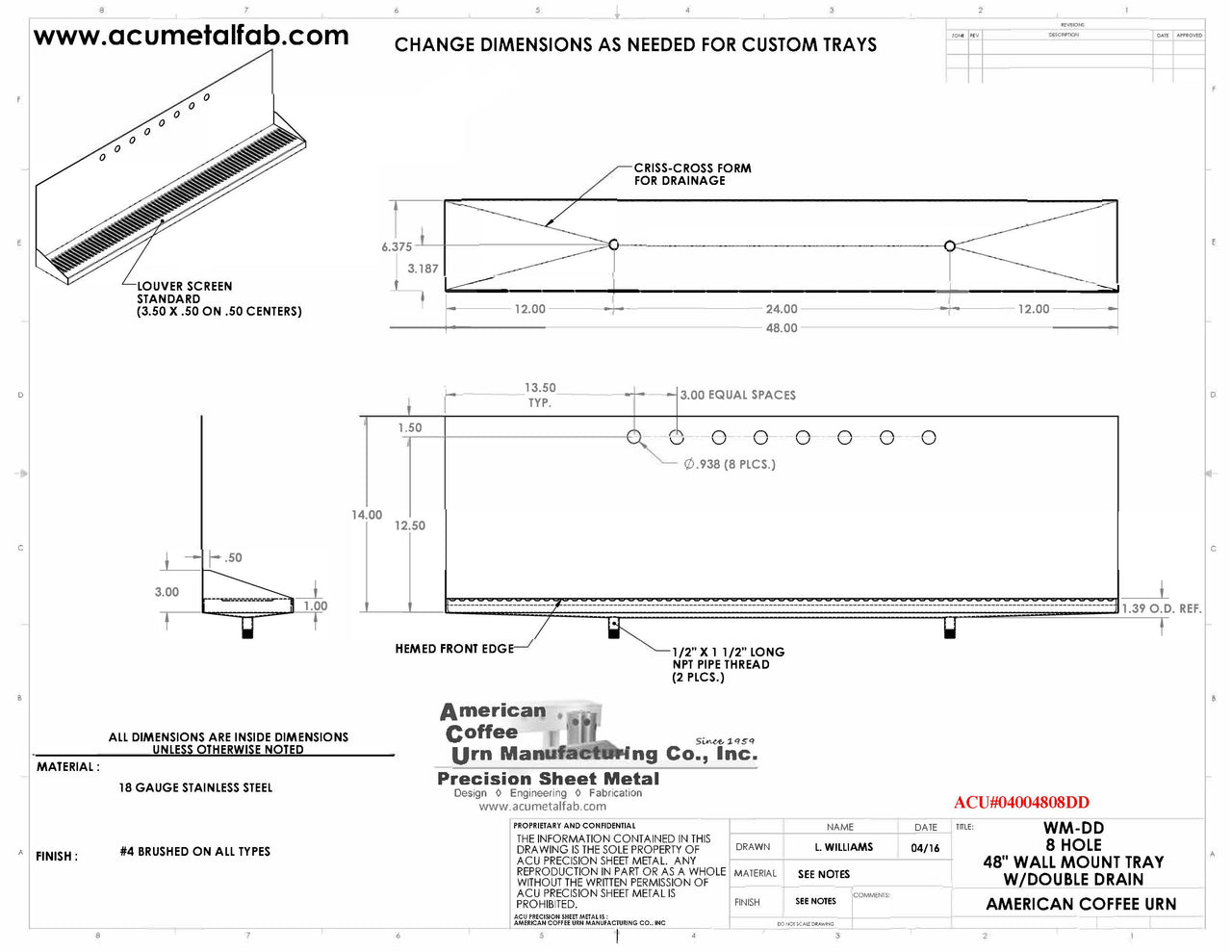 Wall Mount Drip Tray with Double Drains | 6-3/8" X 48" X 14" X 1" | S/S # 4 | 8 Faucet Holes