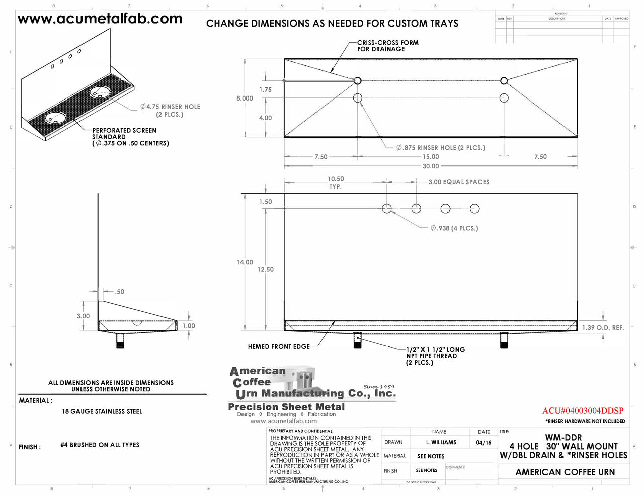 Wall Mount Drip Tray with Double Drains and Rinser Holes | 8" X 30" X 14" X 1" | S/S # 4 | 4 Faucet Holes