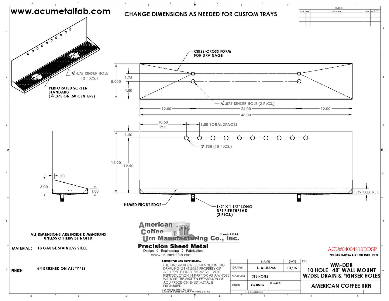 Wall Mount Drip Tray with Double Drains and Rinser Holes | 8" X 48" X 14" X 1" | S/S # 4 | 10 Faucet Holes