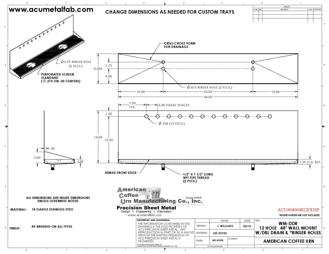 Wall Mount Drip Tray with Double Drains and Rinser Holes | 8" X 48" X 14" X 1" | S/S # 4 | 12 Faucet Holes