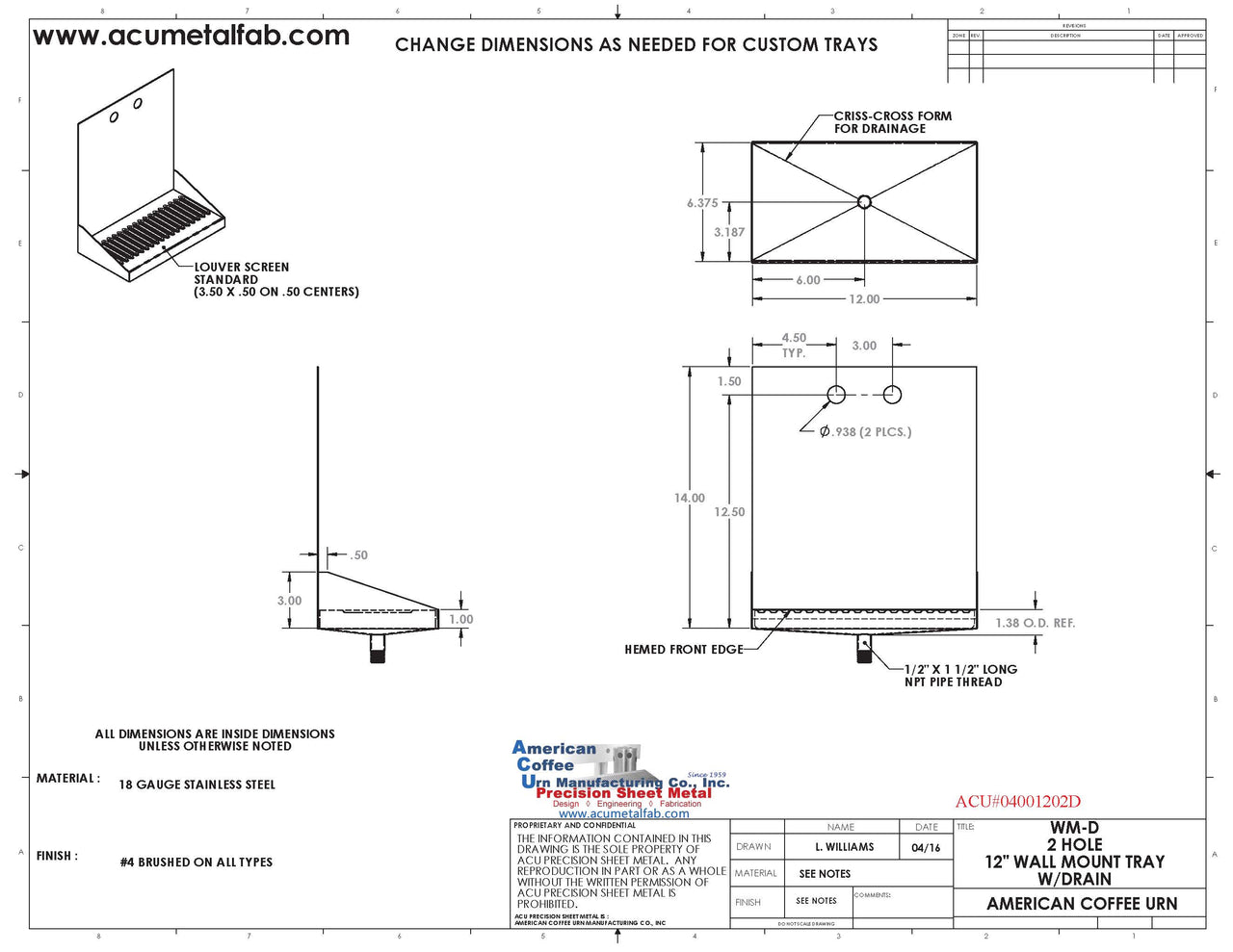 Wall Mount Drip Tray with Drain | 6-3/8" X 12" X 14" X 1" | S/S # 4 | 2 Faucet Holes