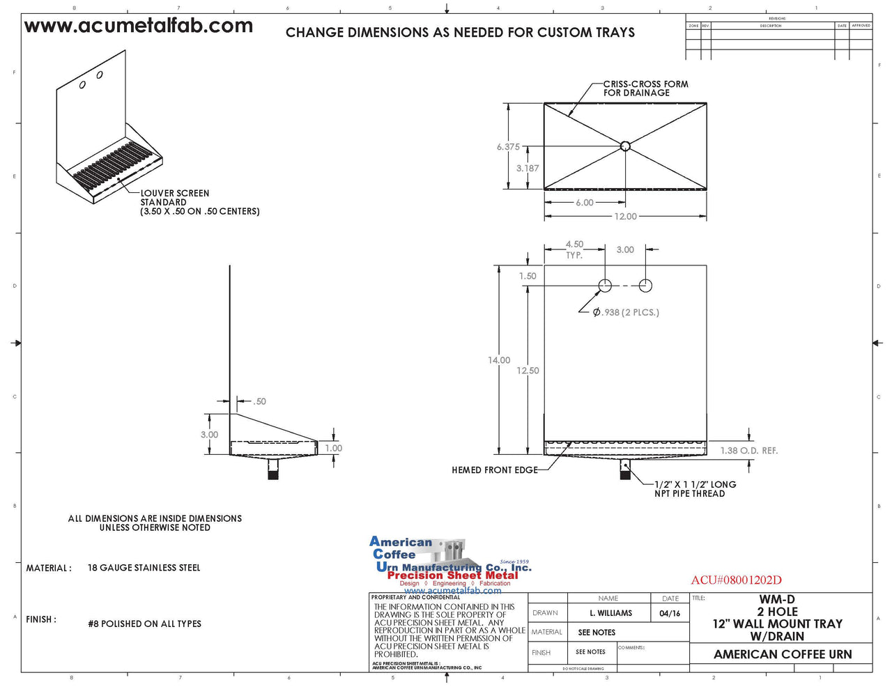 Wall Mount Drip Tray with Drain | 6-3/8" X 12" X 14" X 1"  | Mirror Stainless | 2 Faucet Holes