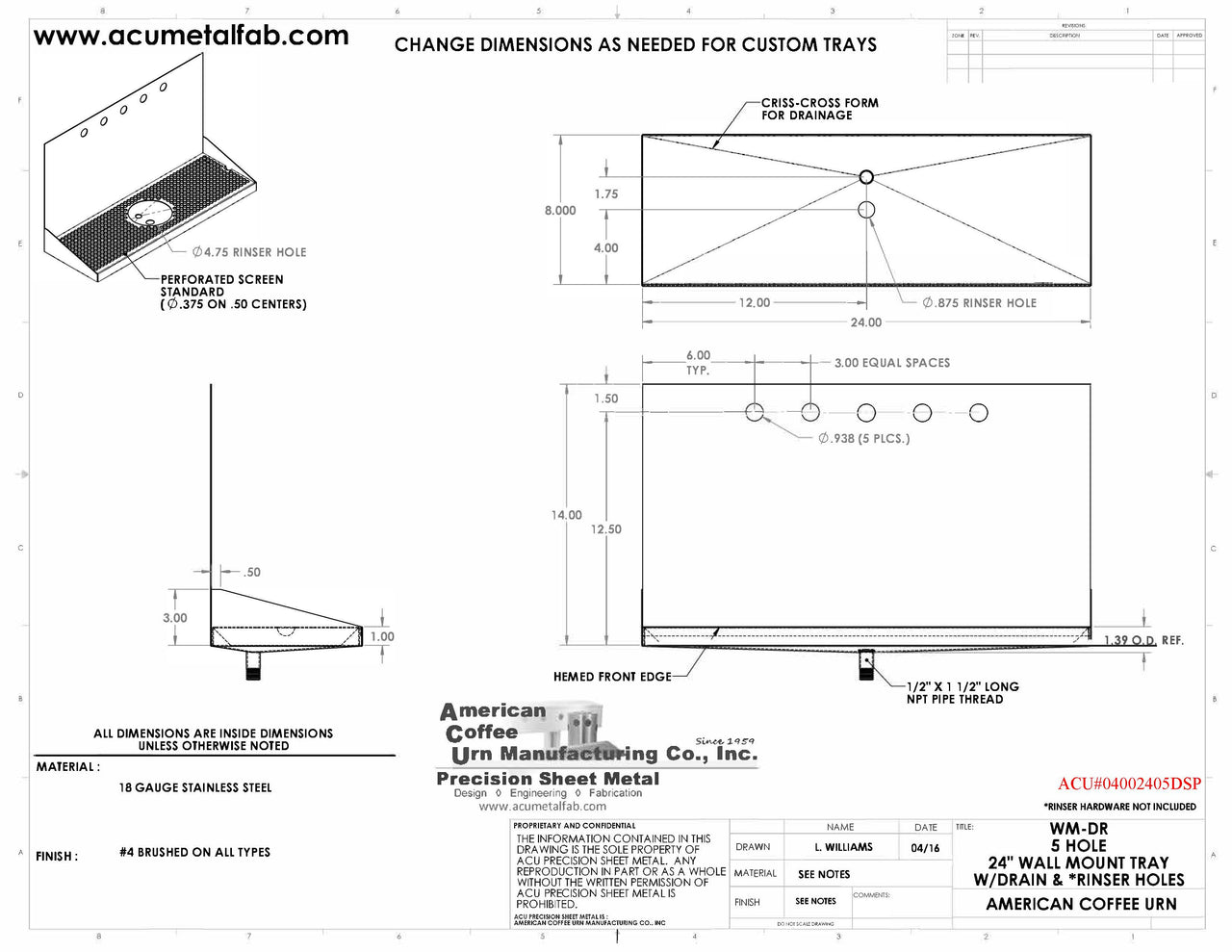 Wall Mount Drip Tray with Drain and Rinser Hole | 8" X 24" X 14" X 1" | S/S # 4 | 5 Faucet Holes