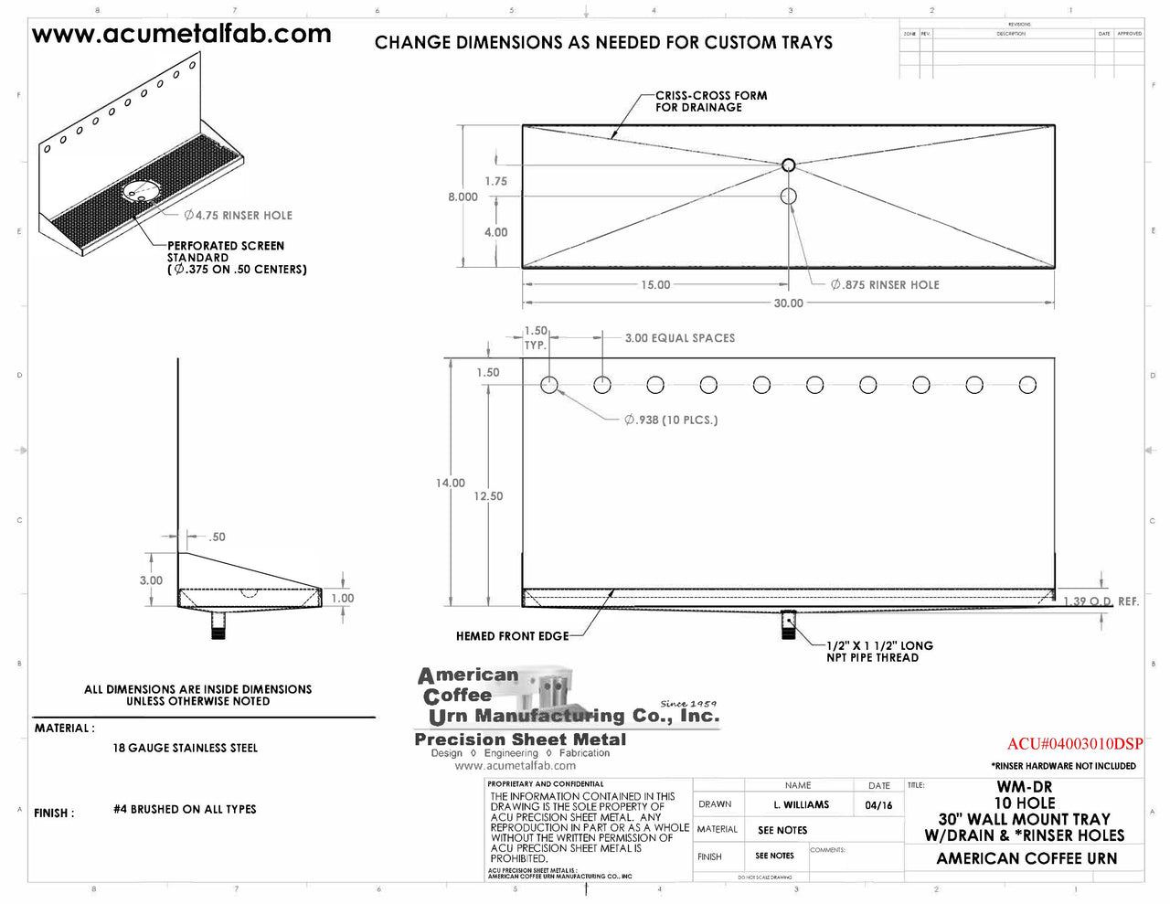 Wall Mount Drip Tray with Drain and Rinser Hole | 8" X 30" X 14" X 1" | S/S # 4 | 10 Faucet Holes