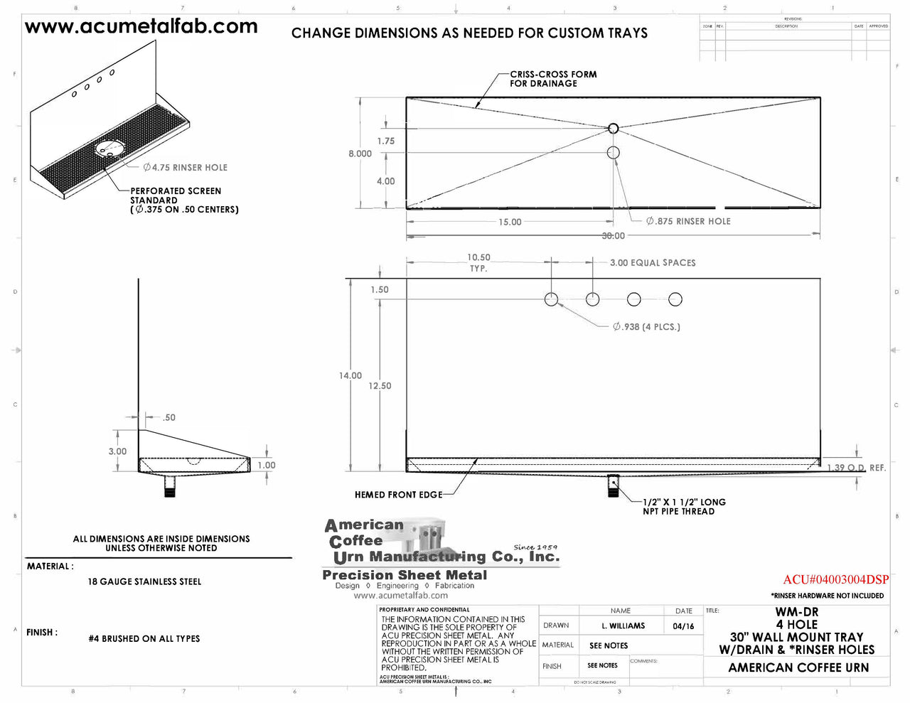 Wall Mount Drip Tray with Drain and Rinser Hole | 8" X 30" X 14" X 1" | S/S # 4 | 4 Faucet Holes