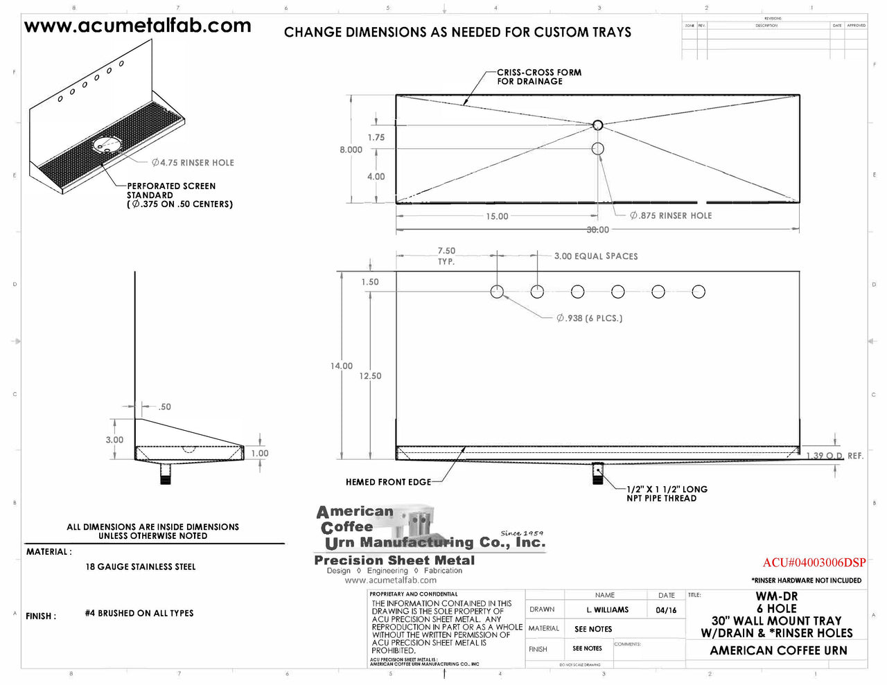 Wall Mount Drip Tray with Drain and Rinser Hole | 8" X 30" X 14" X 1" | S/S # 4 | 6 Faucet Holes