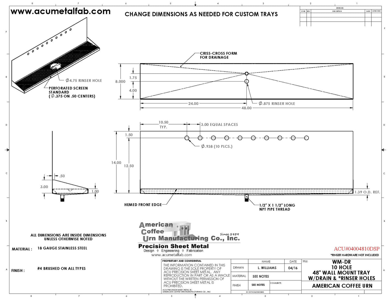 Wall Mount Drip Tray with Drain and Rinser Hole | 8" X 48" X 14" X 1" | S/S # 4 | 10 Faucet Holes