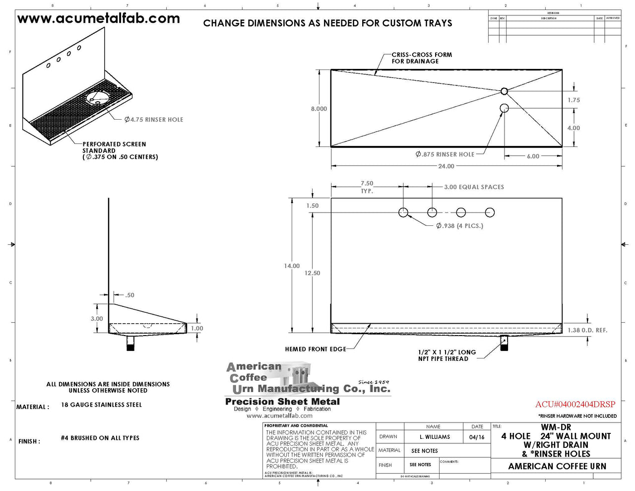 Wall Mount Drip Tray with Right Drain and Rinser Hole | 8" X 24" X 14" X 1" | S/S # 4 | 4 Faucet Holes