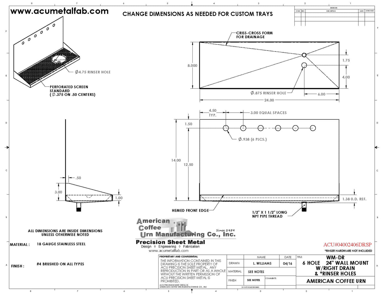 Wall Mount Drip Tray with Right Drain and Rinser Hole | 8" X 24" X 14" X 1" | S/S # 4 | 6 Faucet Holes