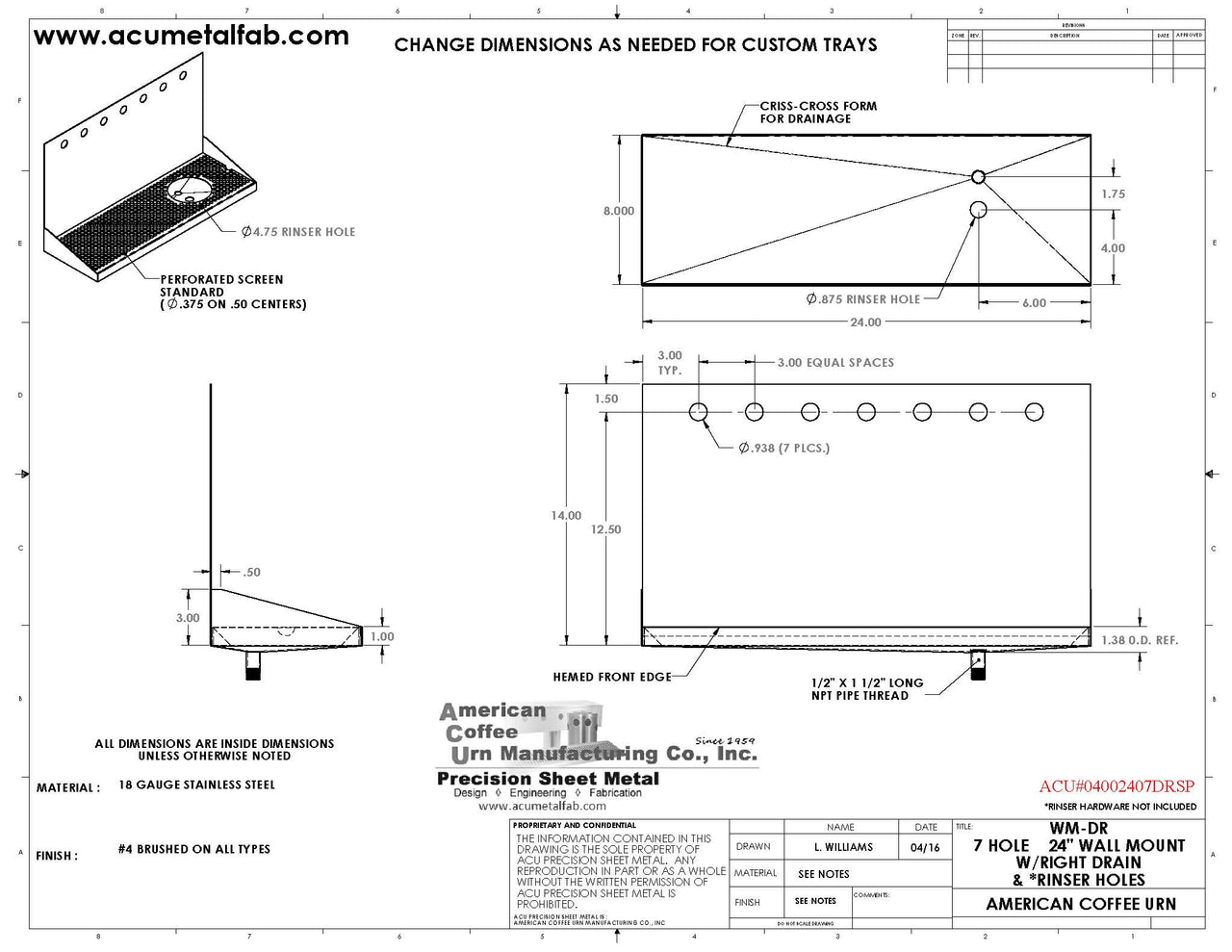 Wall Mount Drip Tray with Right Drain and Rinser Hole | 8" X 24" X 14" X 1" | S/S # 4 | 7 Faucet Holes