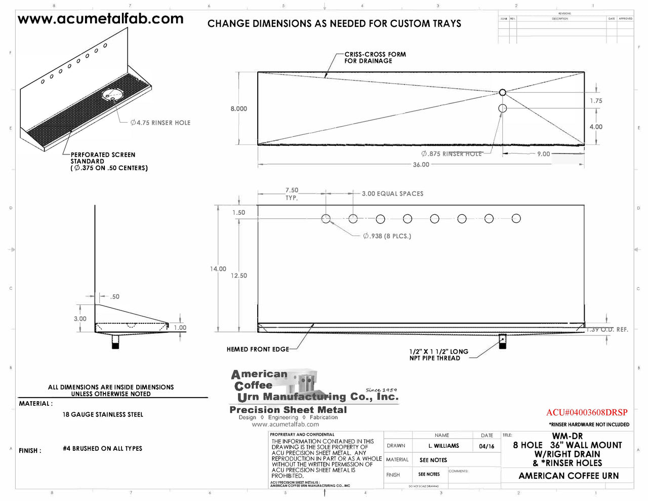 Wall Mount Drip Tray with Drain and Right Rinser Hole | 8" X 36" X 14" X 1" | S/S # 4 | 8 Faucet Holes