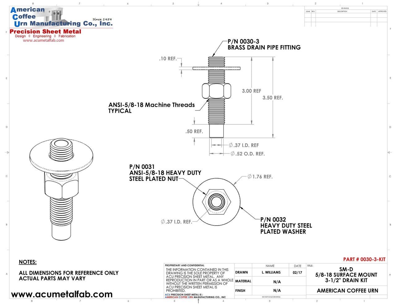 3-1/2 Inch Complete Standard (Replacement) Drain Kit for Standard Trays - ACU Precision Sheet Metal