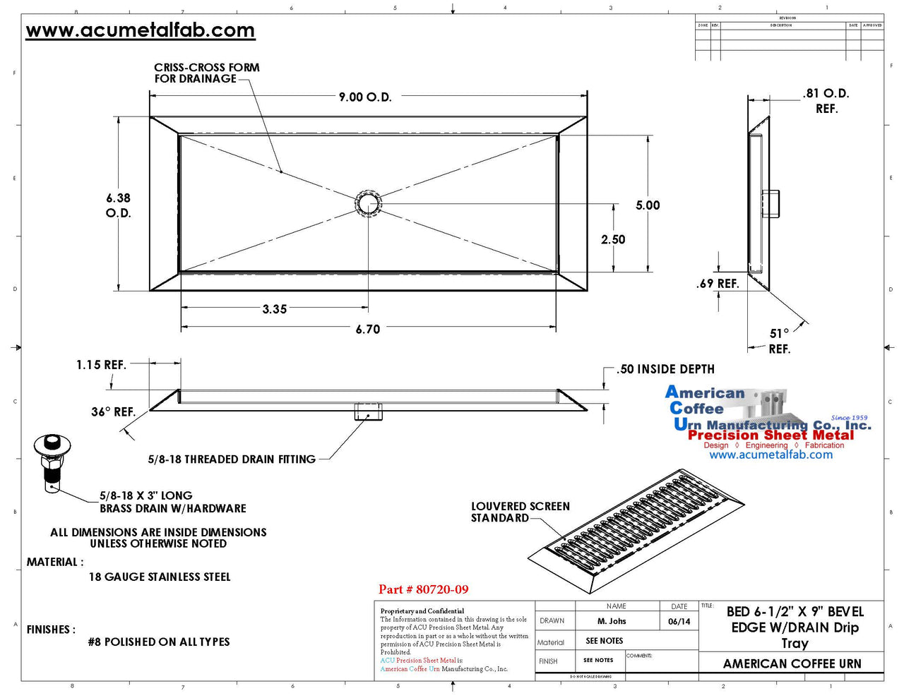 9" Bevel Edge Drip Tray With Drain | SS #8 Spec Sheet