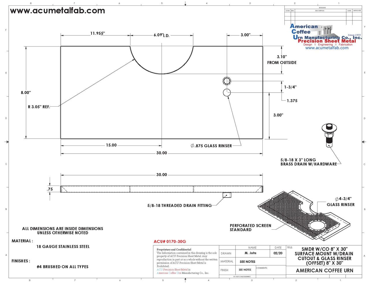 Surface Mount Drip Tray with Cut Out and Offset Drain and Rinser Hole | 8" X 30" X ¾" | 6" Flange | SS #4