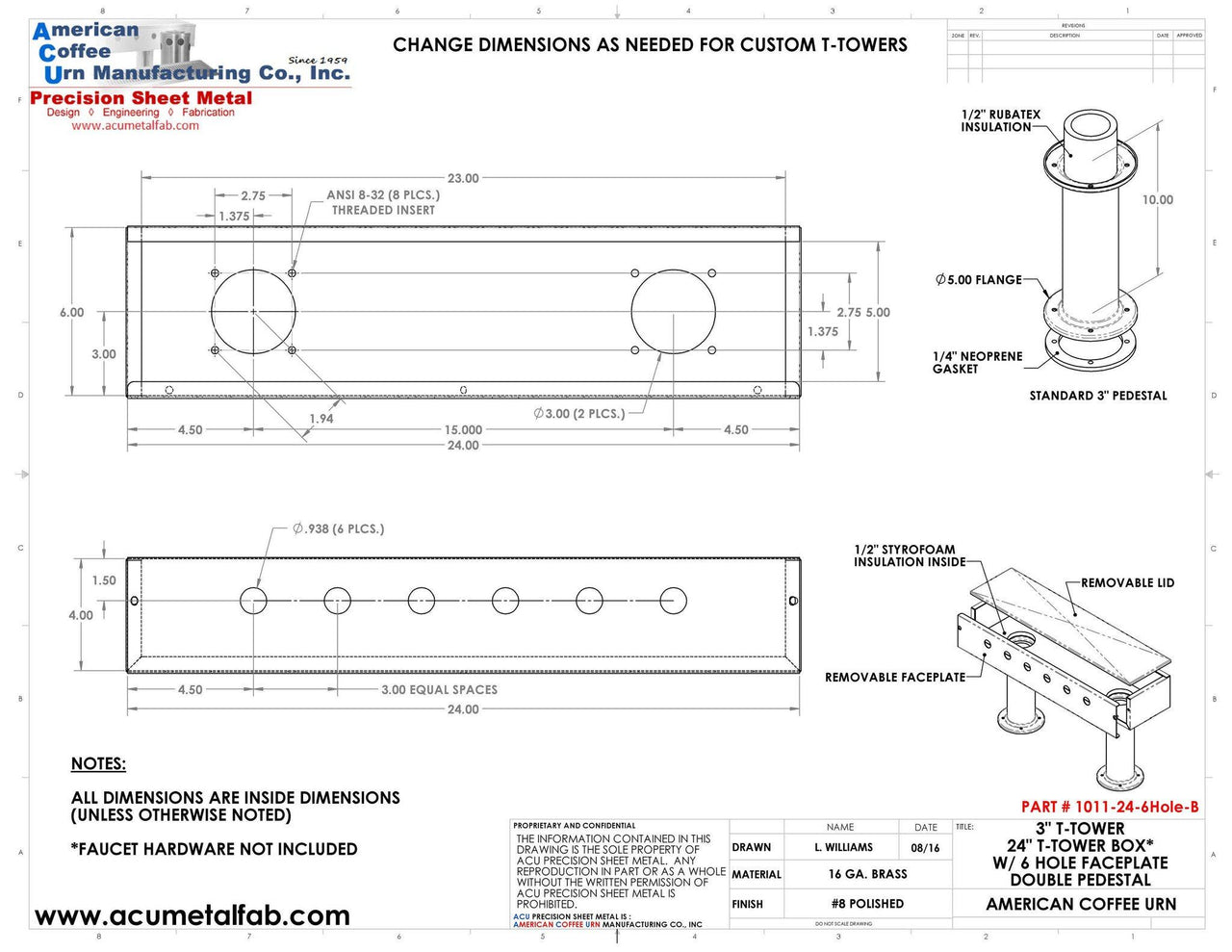 Draft Beer T- Tower |3" Double Pedestal |24" Box 6 Hole Face Plate | Brass - ACU Precision Sheet Metal