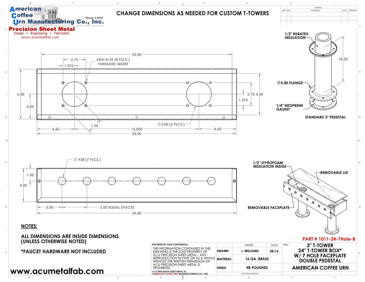 Draft Beer T- Tower |3" Double Pedestal |24" Box 7 Hole Face Plate | Brass - ACU Precision Sheet Metal