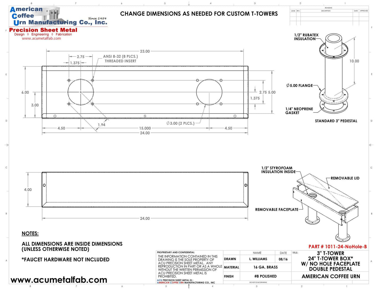 Draft Beer T- Tower |3" Double Pedestal |24" Box No Hole Face Plate | Brass - ACU Precision Sheet Metal