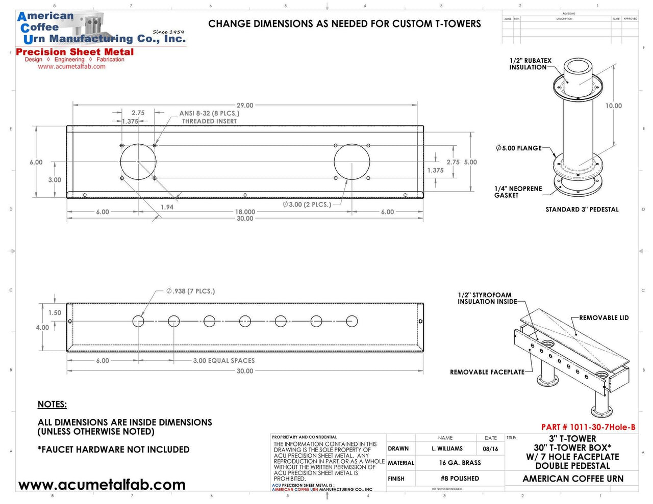 Draft Beer T- Tower |3" Double Pedestal |30" Box 7 Hole Face Plate | Brass - ACU Precision Sheet Metal