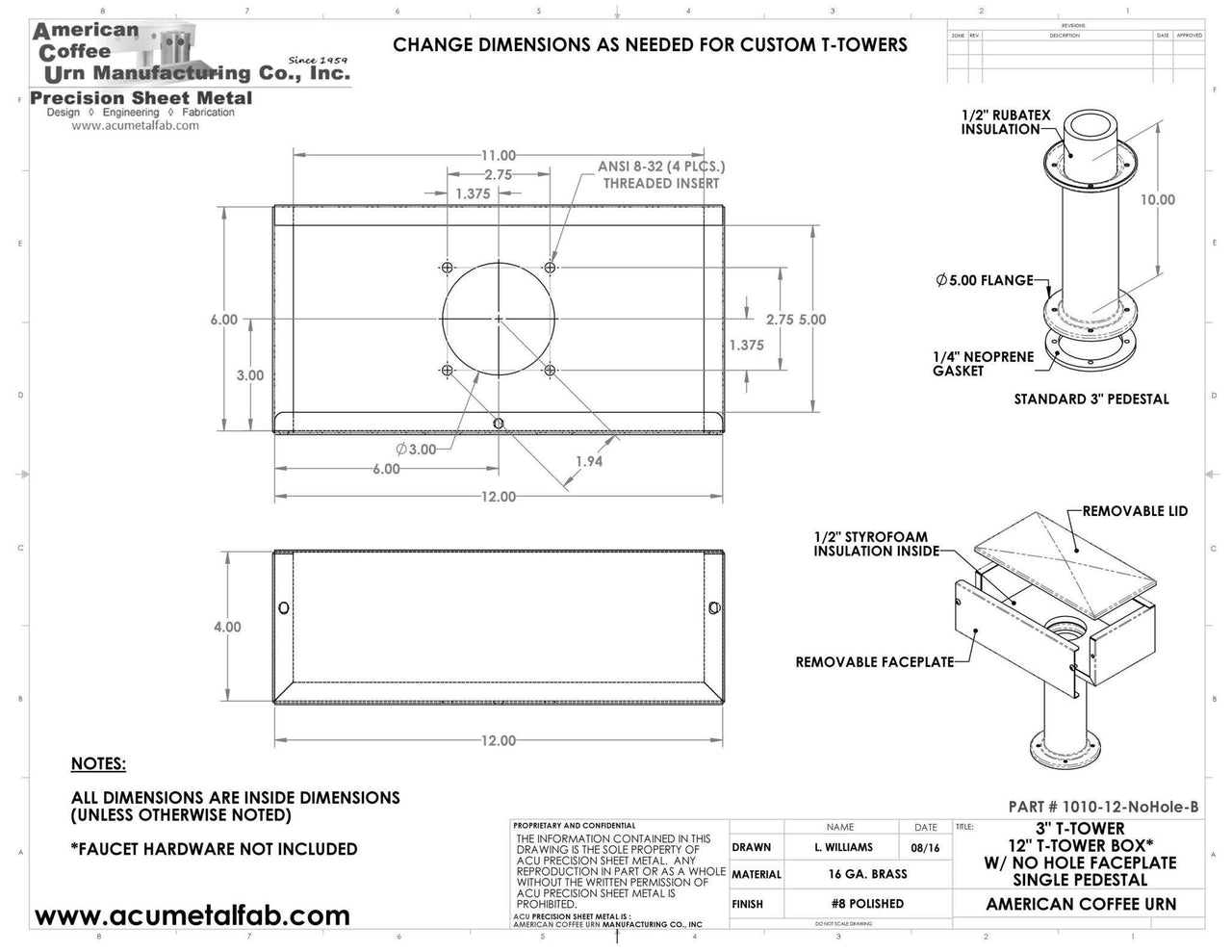 Draft Beer T- Tower | 3" Single Pedestal |12" Box | No Hole Face Plate | Brass - ACU Precision Sheet Metal