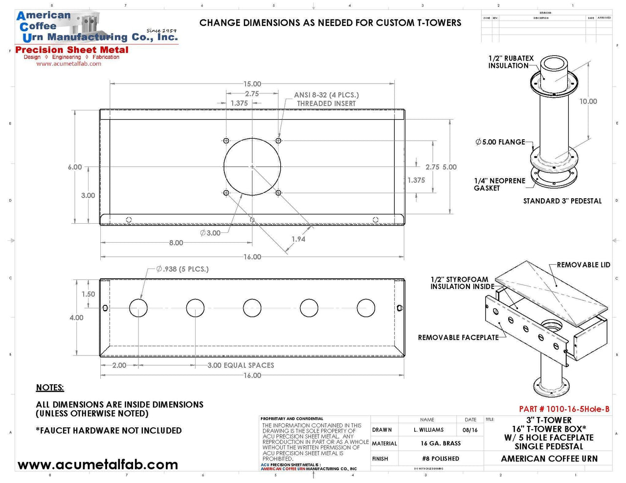 Draft Beer T- Tower | 3" Single Pedestal |16" Box | 5 Hole Face Plate | Brass - ACU Precision Sheet Metal