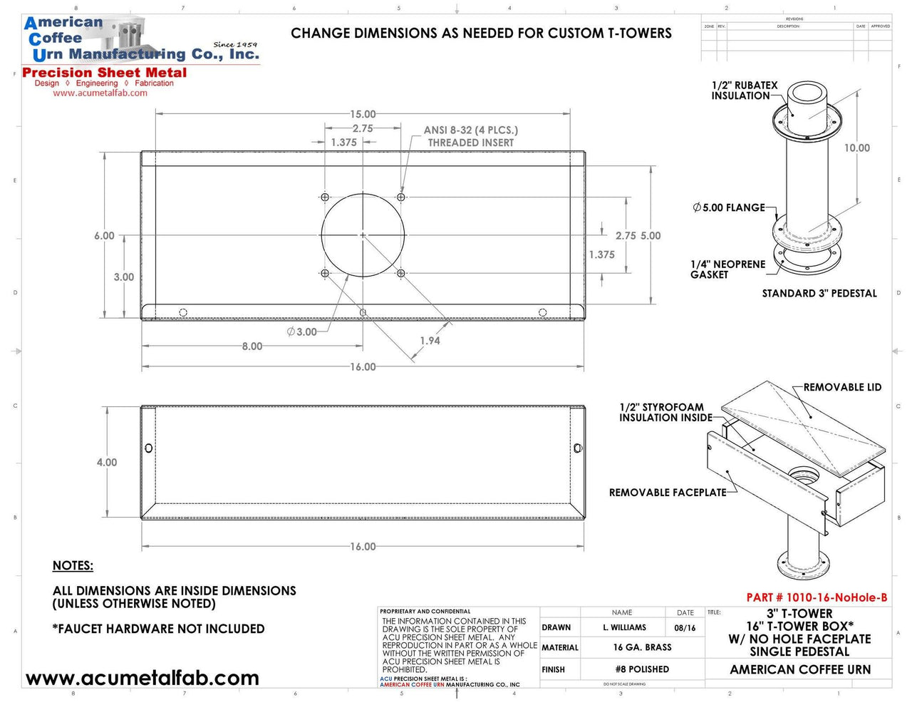 Draft Beer T-Tower | 3" Single Pedestal | 16" Box No Hole Face Plate | Brass - ACU Precision Sheet Metal