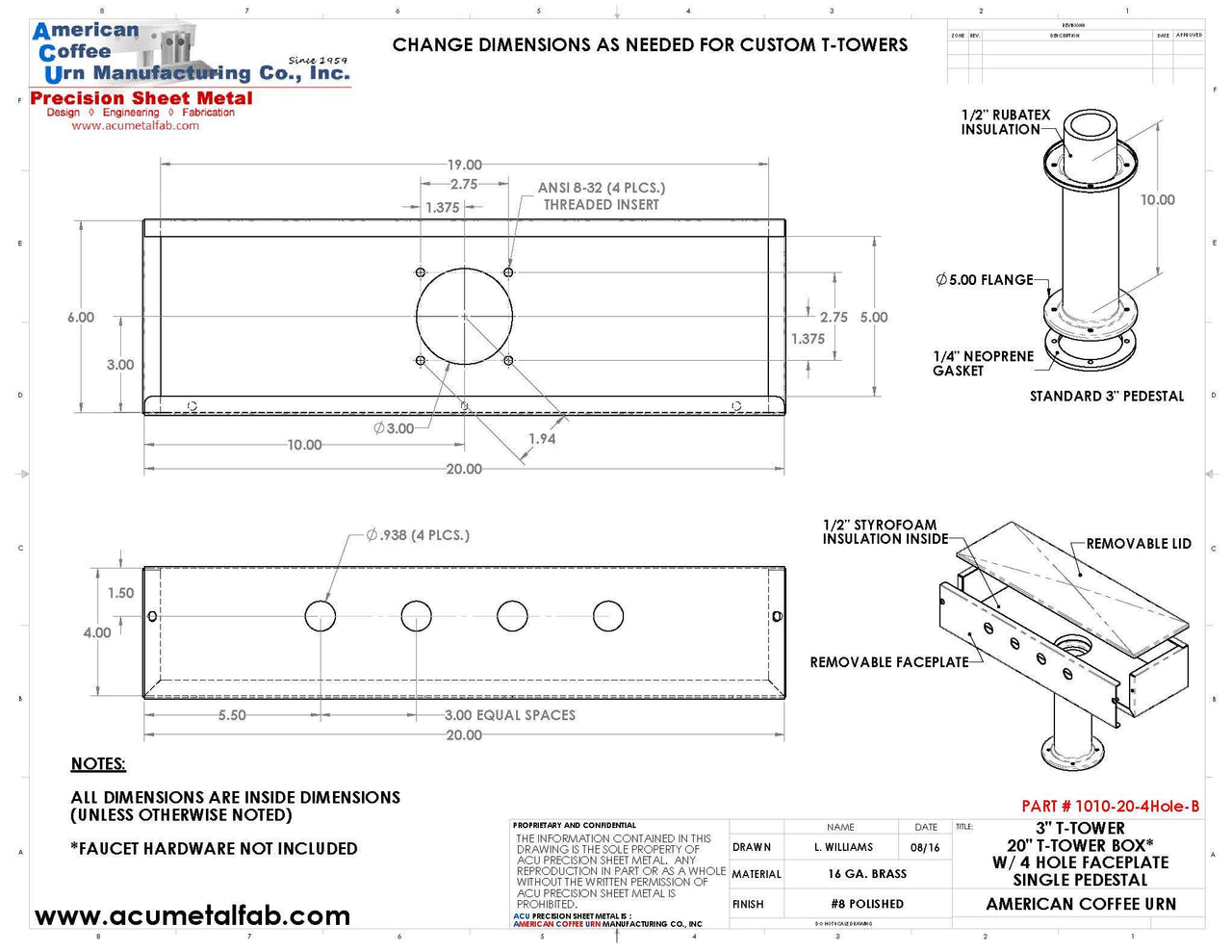 Draft Beer T-Tower | 3" Single Pedestal | 20" Box 4 Hole Face Plate | Brass - ACU Precision Sheet Metal