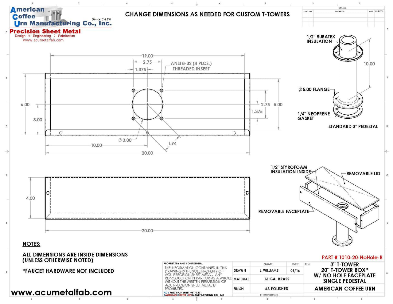 Draft Beer T-Tower | 3" Single Pedestal | 20" Box No Hole Face Plate | Brass - ACU Precision Sheet Metal