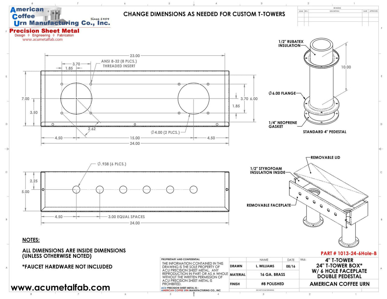 Draft Beer T-Tower | 4" Double Pedestal | 24" Box | 6 Hole Face Plate | Brass - ACU Precision Sheet Metal