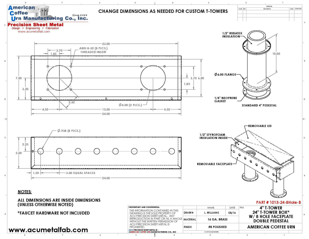 Draft Beer T-Tower | 4" Double Pedestal | 24" Box | 8 Hole Face Plate | Brass - ACU Precision Sheet Metal