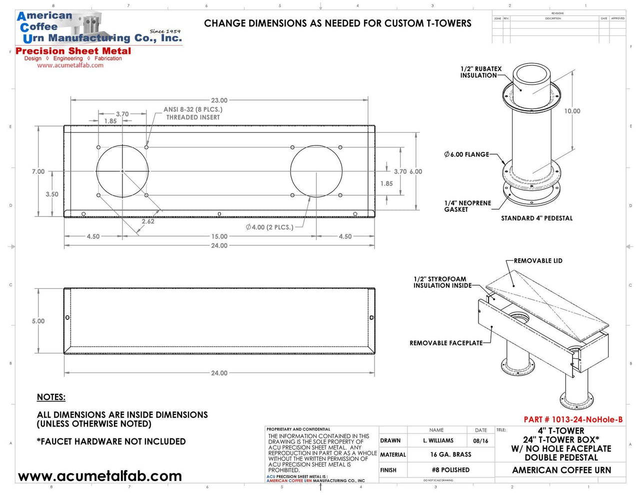 Draft Beer T-Tower | 4" Double Pedestal | 24" Box | No Hole Face Plate | Brass - ACU Precision Sheet Metal