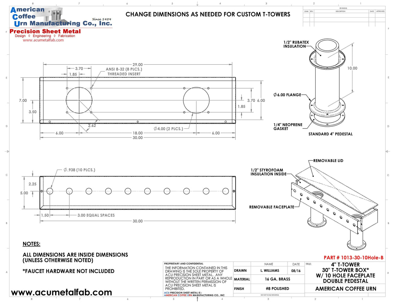 Draft Beer T-Tower | 4" Double Pedestal | 30" Box | 10 Faucet Hole | Brass - ACU Precision Sheet Metal