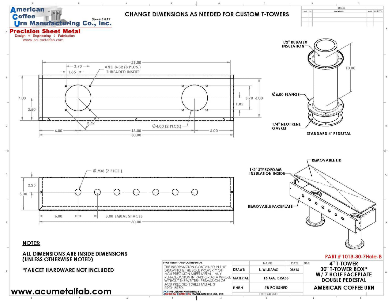 Draft Beer T-Tower | 4" Double Pedestal | 30" Box | 7 Faucet Hole | Brass - ACU Precision Sheet Metal