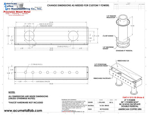 Draft Beer T-Tower | 4" Double Pedestal | 30" Box | 8 Faucet Hole | Brass - ACU Precision Sheet Metal