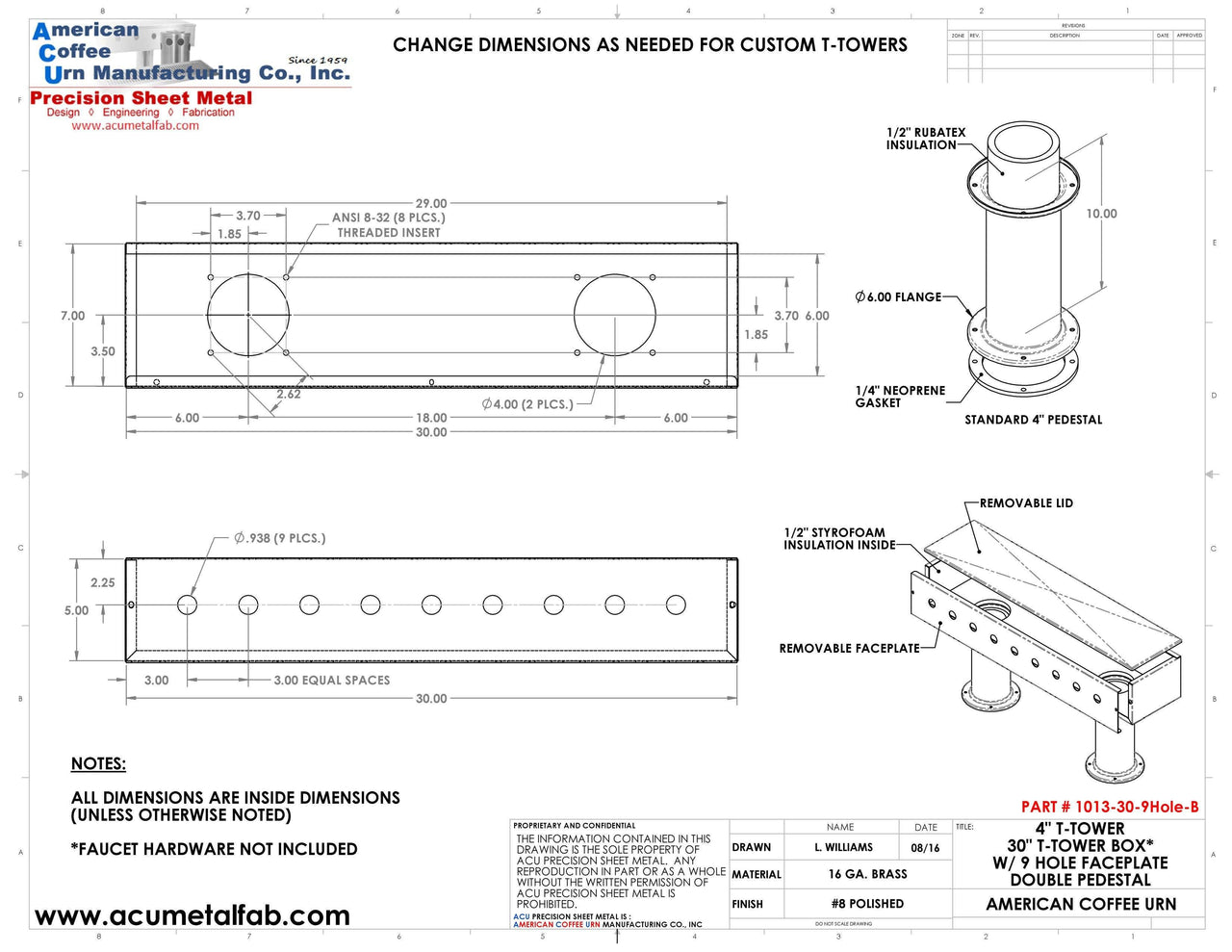 Draft Beer T-Tower | 4" Double Pedestal | 30" Box | 9 Faucet Hole | Brass - ACU Precision Sheet Metal