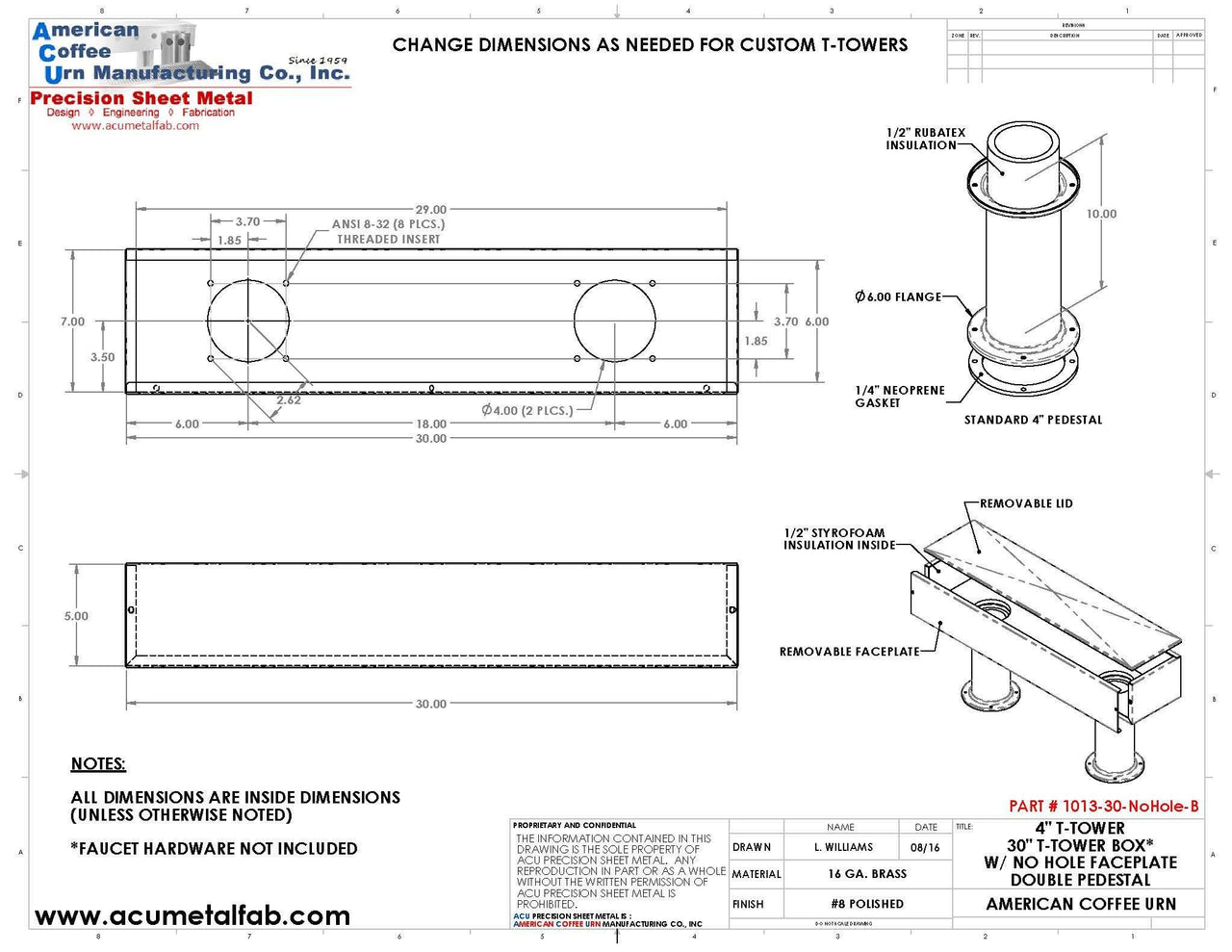 Draft Beer T-Tower | 4" Double Pedestal | 30" Box | No Faucet Holes | Brass - ACU Precision Sheet Metal