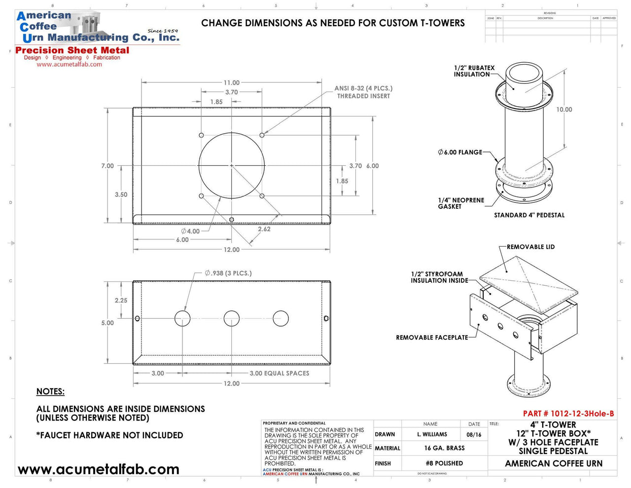 Draft Beer T-Tower | 4" Single Pedestal | 12" Box | 3 Hole Face Plate | Brass - ACU Precision Sheet Metal