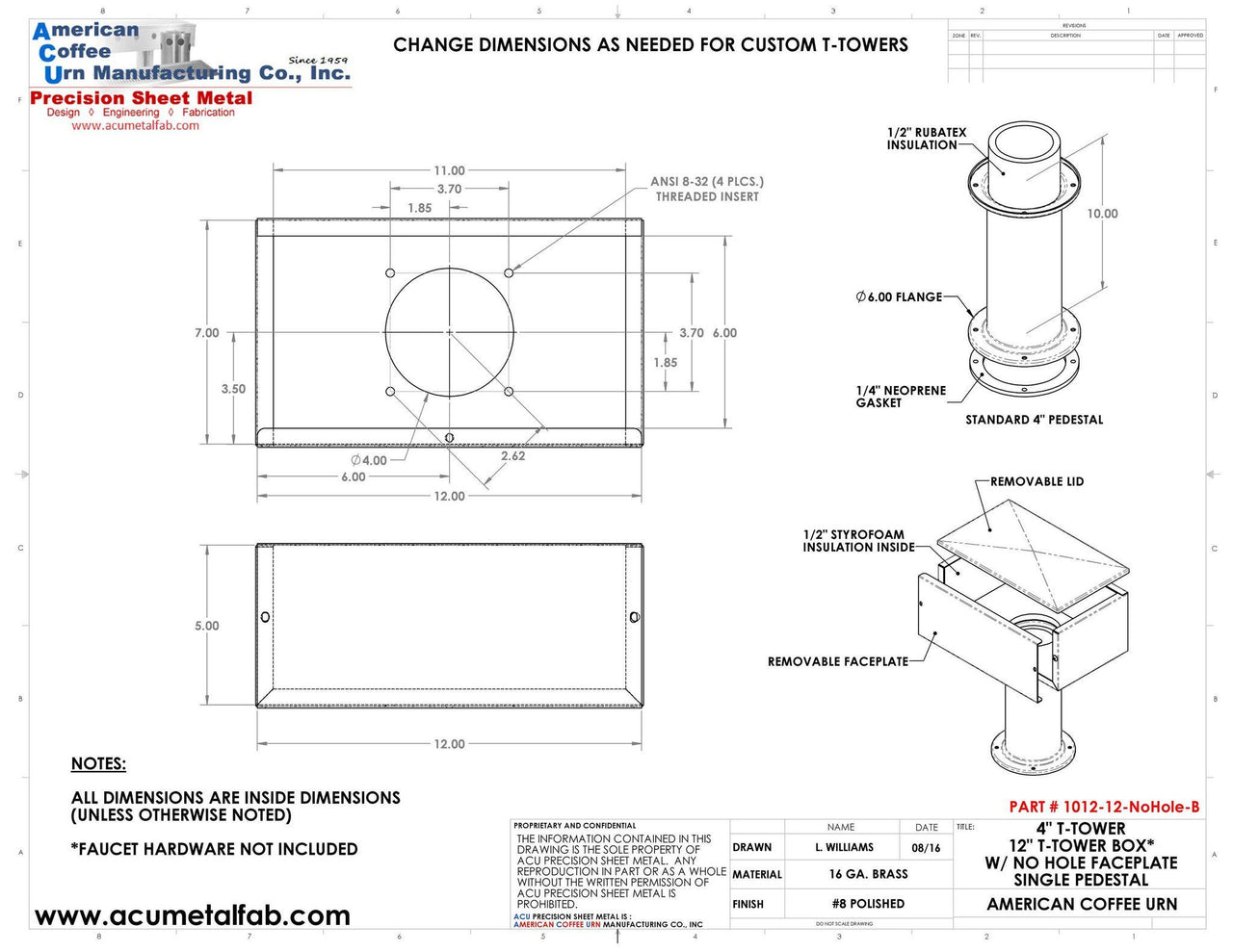 Draft Beer T-Tower | 4" Single Pedestal | 12" Box No Hole Face Plate | Brass - ACU Precision Sheet Metal