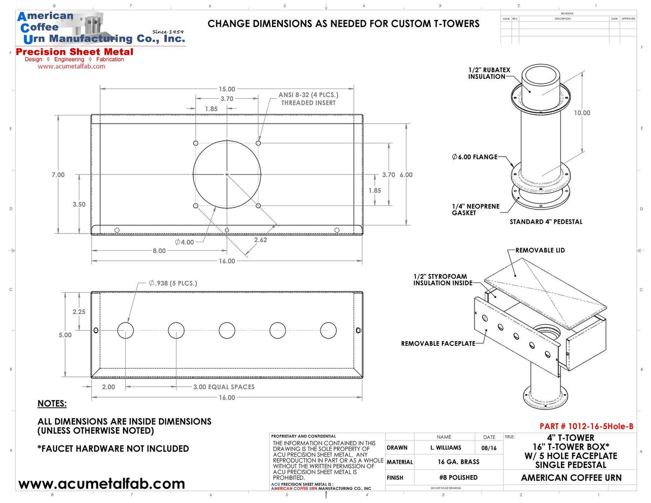 Draft Beer T-Tower | 4" Single Pedestal | 16" Box 5 Hole Face Plate | Brass - ACU Precision Sheet Metal