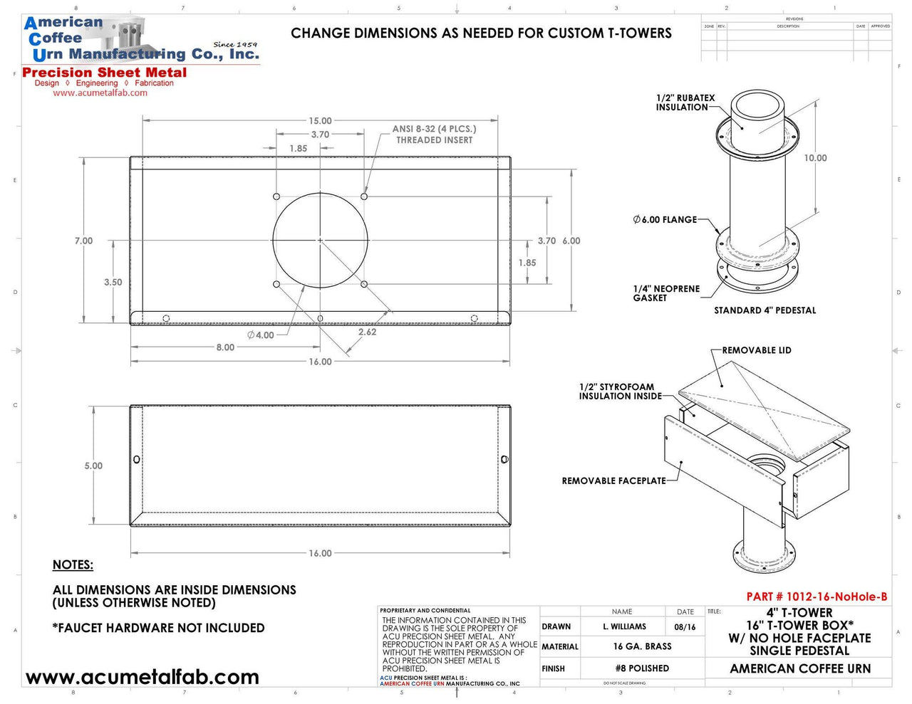 Draft Beer T-Tower | 4" Single Pedestal | 16" Box | No Hole Face Plate | Brass - ACU Precision Sheet Metal