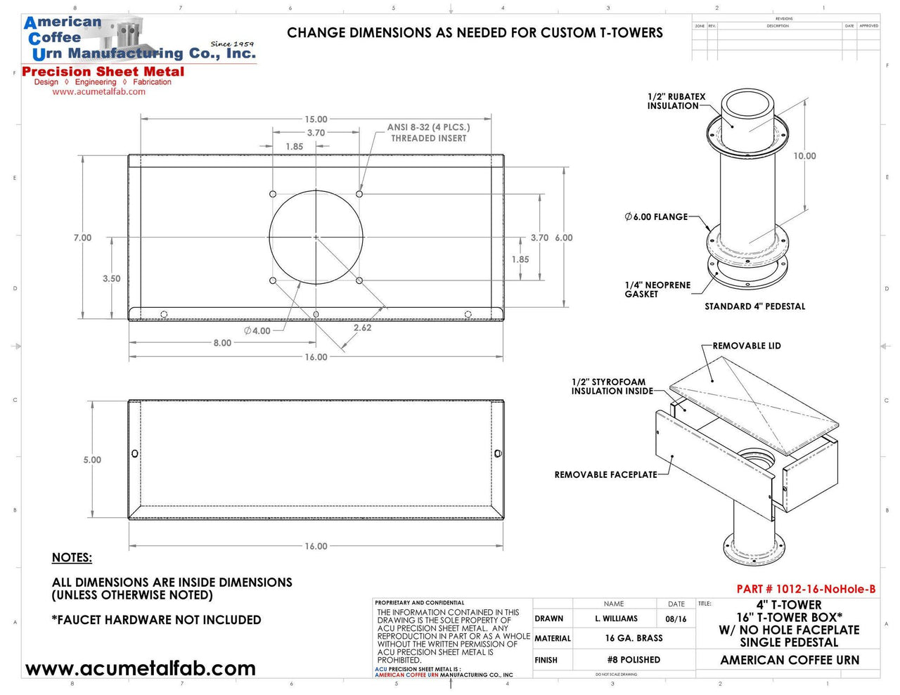 Draft Beer T-Tower | 4" Single Pedestal | 16" Box | No Hole Face Plate | Brass - ACU Precision Sheet Metal