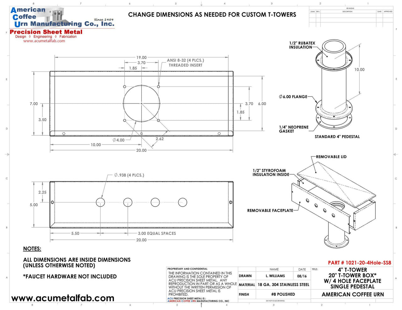 Draft Beer T-Tower | 4" Single Pedestal | 20" Box 4 Hole Face Plate | Brass - ACU Precision Sheet Metal