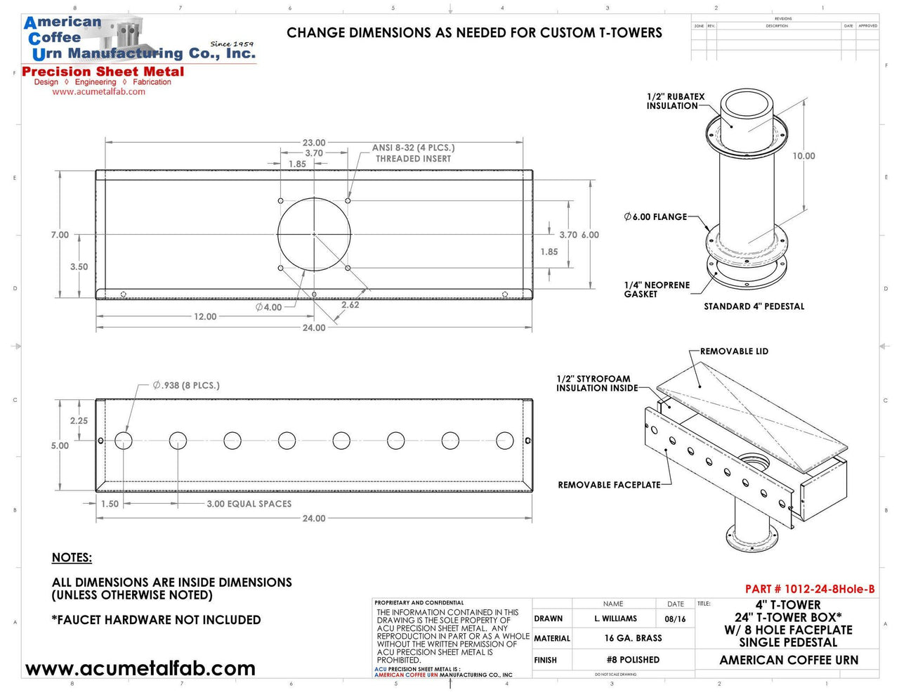 Draft Beer T- Tower |4" Single Pedestal |24" Box 8 Hole Face Plate | Brass - ACU Precision Sheet Metal