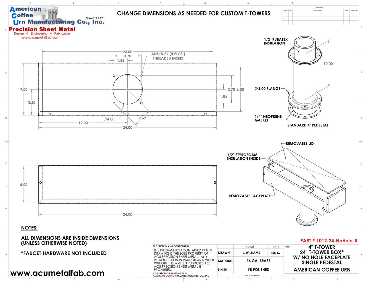 Draft Beer T- Tower |4" Single Pedestal |24" Box No Hole Face Plate | Brass - ACU Precision Sheet Metal