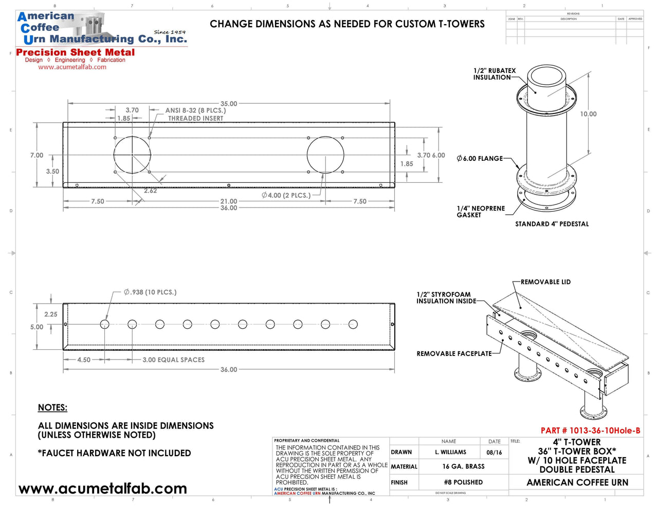 Draft Beer T-Tower |Double Pedestal| 36" Box| 10 Faucet Holes| Brass - ACU Precision Sheet Metal