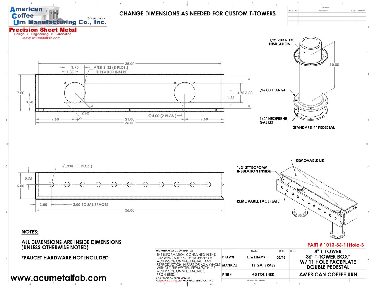 Draft Beer T-Tower |Double Pedestal| 36" Box| 11 Faucet Holes| Brass - ACU Precision Sheet Metal