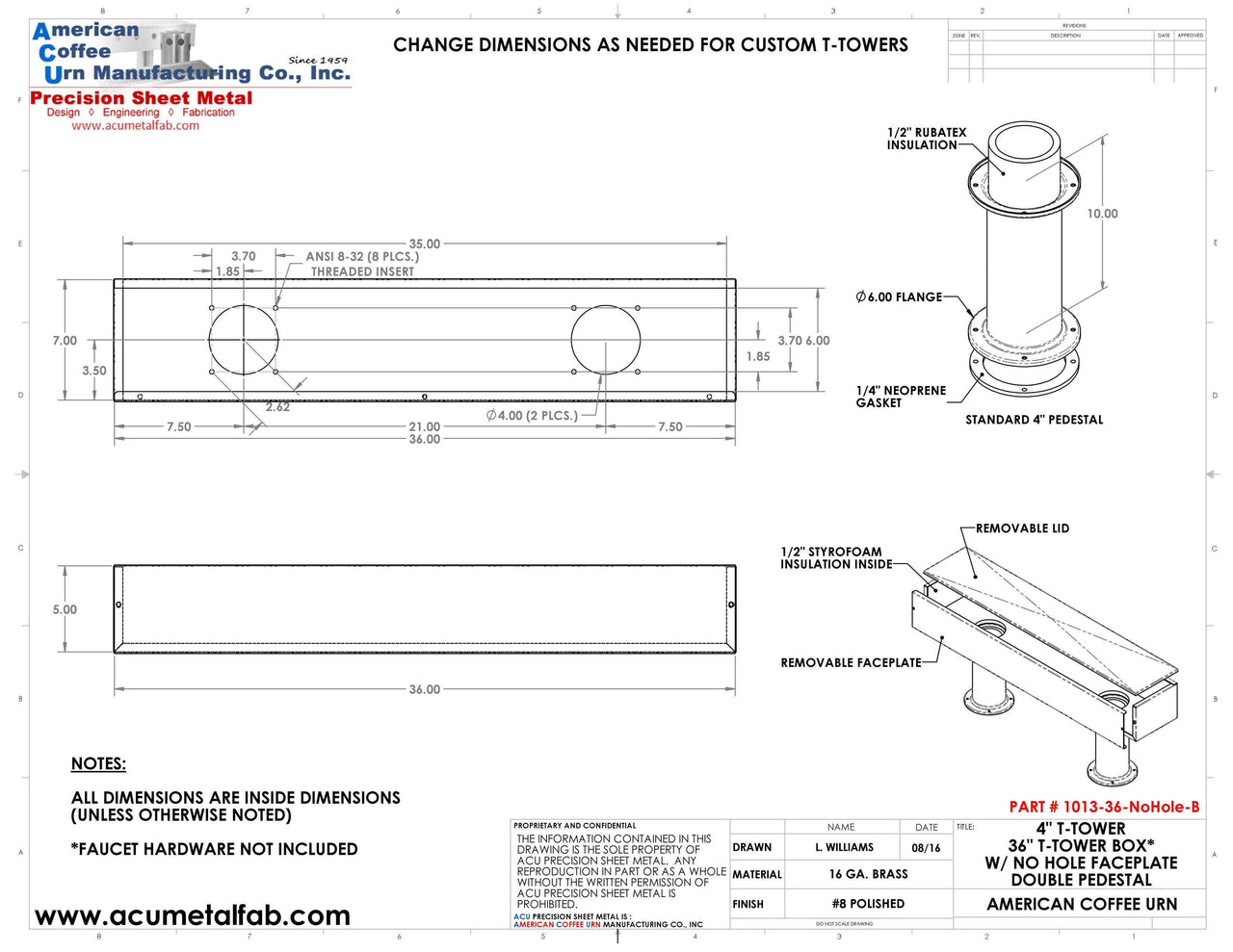 Draft Beer T-Tower |Double Pedestal| 36" Box| No Faucet Holes| Brass - ACU Precision Sheet Metal