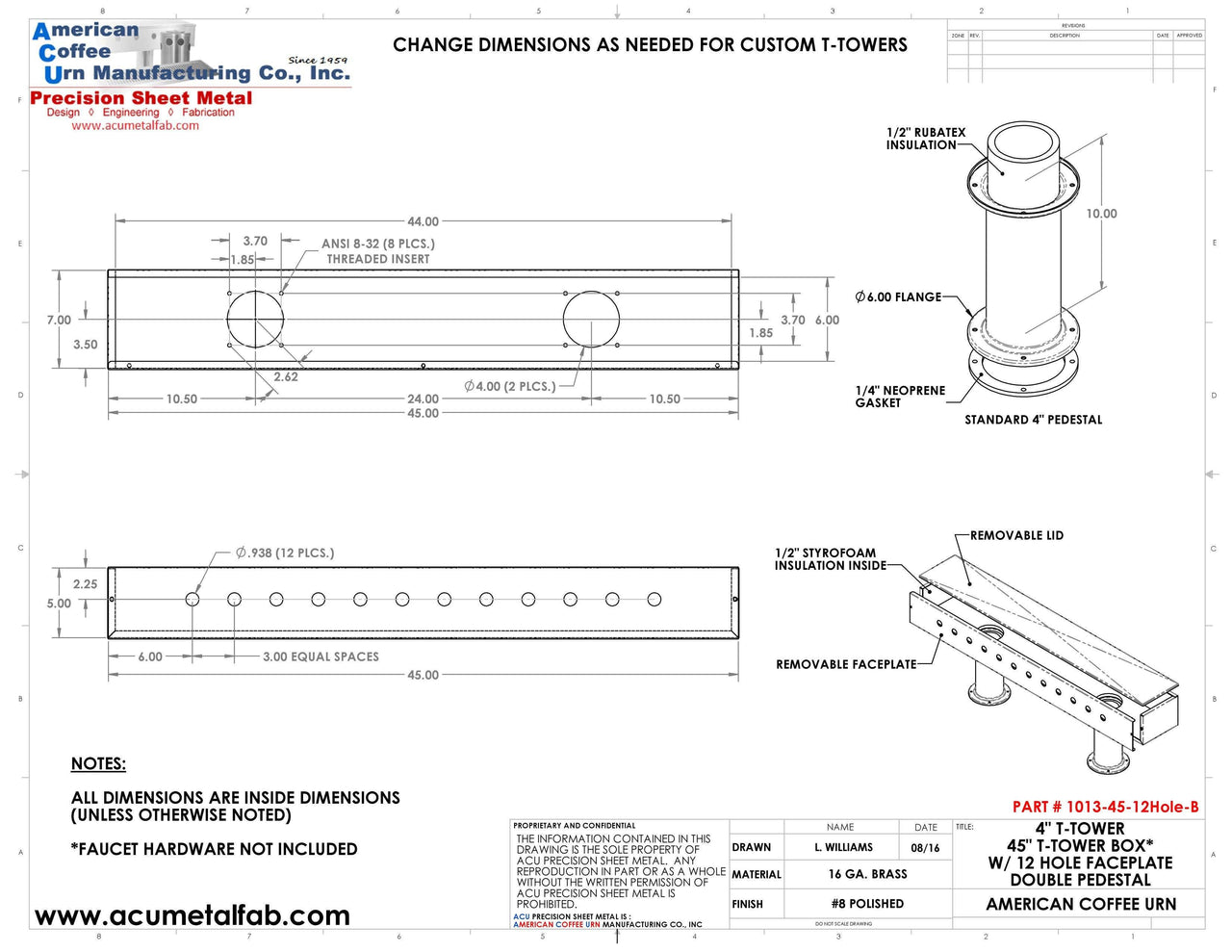 Draft Beer T-Tower |Double Pedestal| 45" Box| 12 Faucet Holes| Brass - ACU Precision Sheet Metal