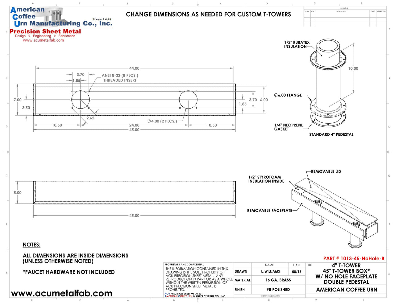 Draft Beer T-Tower |Double Pedestal| 45" Box| No Faucet Holes| Brass - ACU Precision Sheet Metal